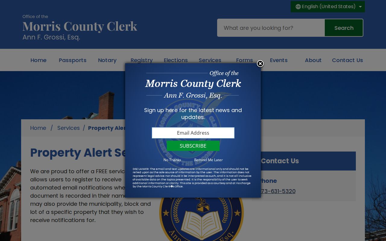 Jefferson street directory view of the Morris County Property Alert registration page