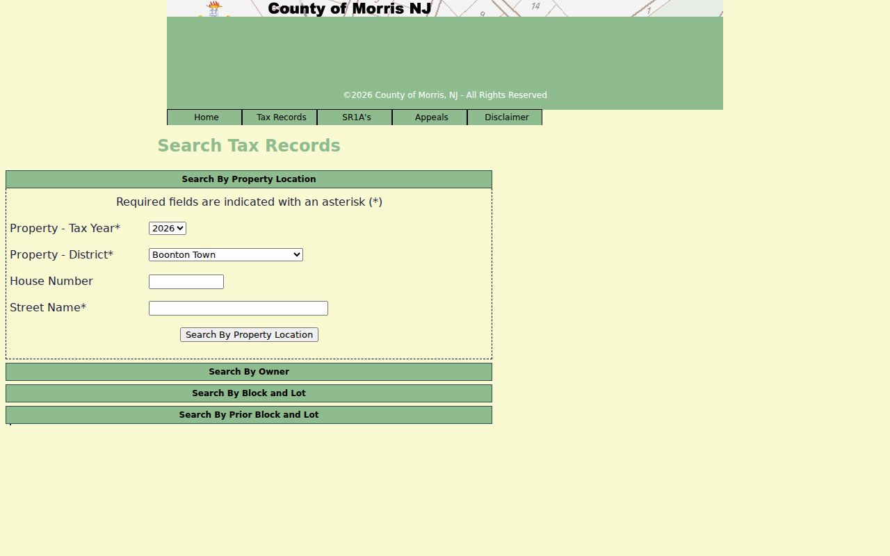 Jefferson ZIP code directory workflow using Morris County tax search fields